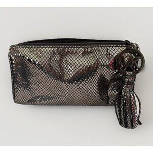 Michael Kors Cosmetic Case Silver Gray Metallic Snakeskin Clutch Makeup Bag MK